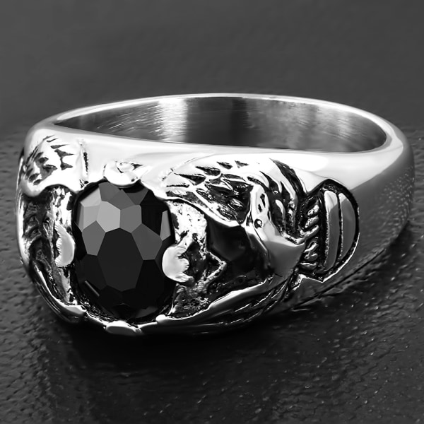 Cool Ring i Kirurgiskt Stål 316L i Silver färg med Svart Cubic Zircon Kristall & Örn  / Fågel - Stl 22,2 Silver