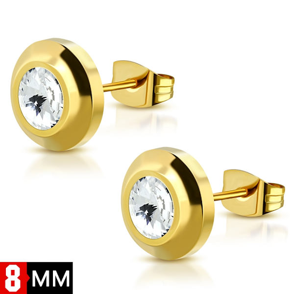 Runda Stiftörhängen Stud Örhängen i Kirurgiskt Stål 316L i Guld Färg med Klar/Vit Cubic Zircon Kristall - 8 mm