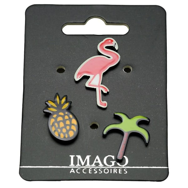 3 st Pins / Brosch / Knapp - Ananas, Palm & Flamingo multifärg
