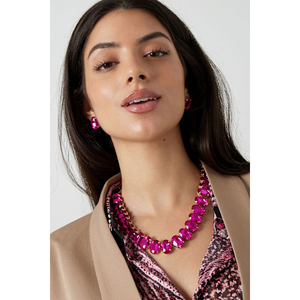 Statement Guldpläterat Halsband med Ovala Glaspärlor - Fuchsia Guld