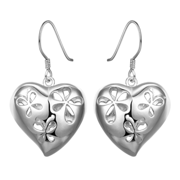 Silver Örhängen med Mönstrade Hjärtan med Blommor & Fjäril Silver