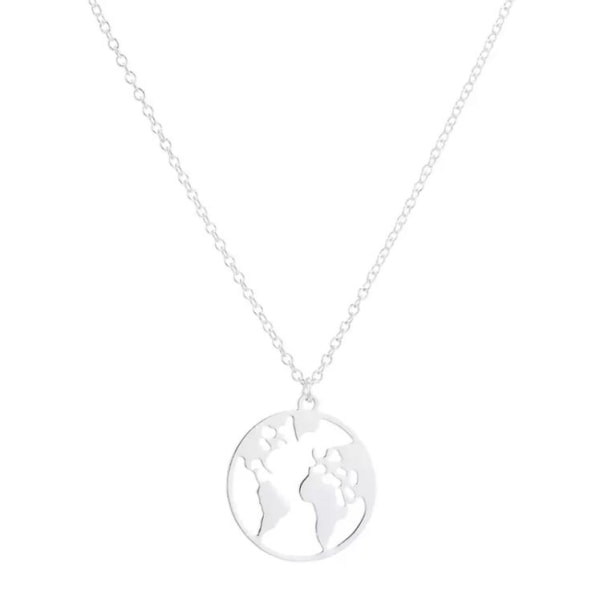 Silver Halsband med Runt Hänge med Världskarta / Världen /Jorden Silver