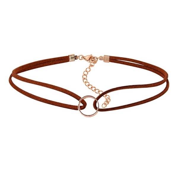 Retro Dubbelt Brunt Choker / Halsband med en Guld Ring / Cirkel Brun