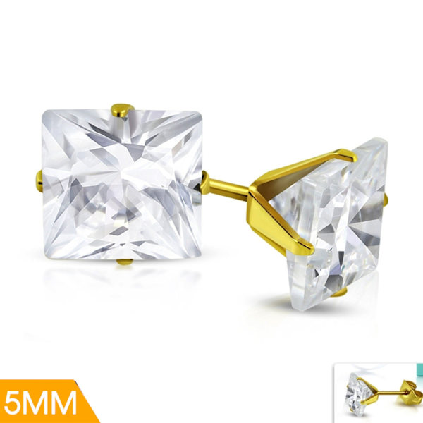 Stiftörhängen Stud Örhängen i Kirurgiskt Stål 316L i Guld Färg med Fyrkantig Vit/Klar Cubic Zircon Kristall - 5 mm Guld