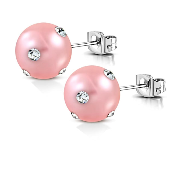 Stiftörhängen Stud Örhängen i Kirurgiskt Stål 316L i Silver Färg med Ljus Rosa Pärla & Klara Cubic Zirconia - 10 mm