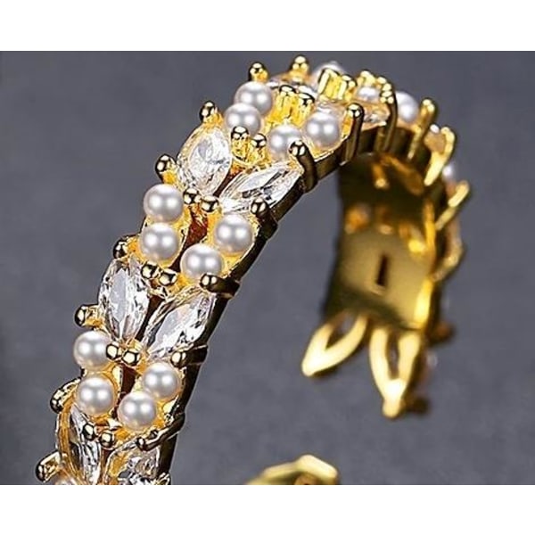 Guld Ring i Stål med Pärla & Kristall - Guldpläterad - Justerbar Guld