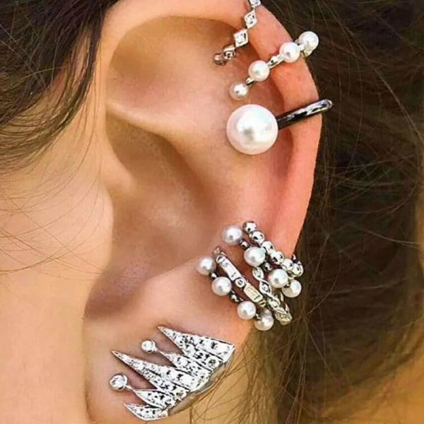 9 st Silver Örhängen - Ear Cuff & Stud med Pärlor & Rhinestones Silver