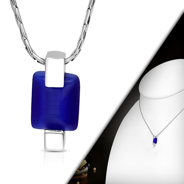 Halsband i Silver Färg - hänge med fyrkant och Blå kattögonsten