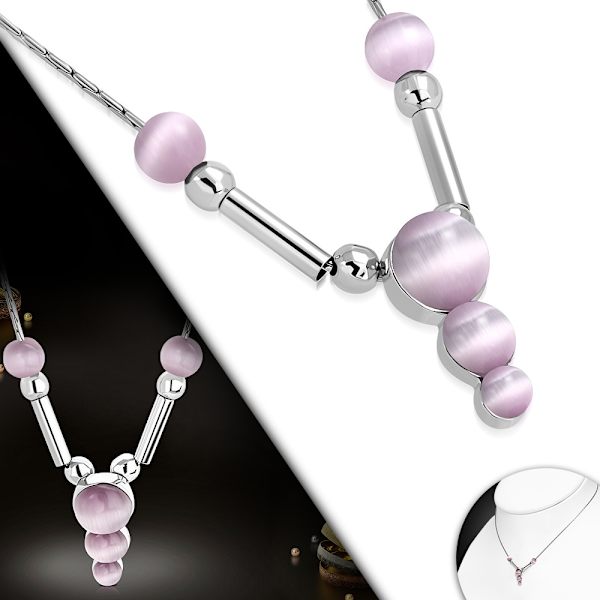 Halsband i Silver Färg med Cirklar/stavar & Lila kattögonstenar