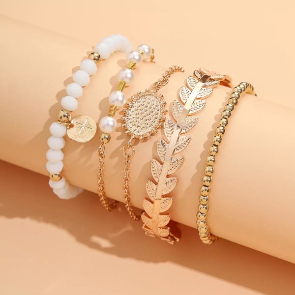 5 st Boho Guld Armband / Bangle med Vita Pärlor, Guldkulor & Löv Guld