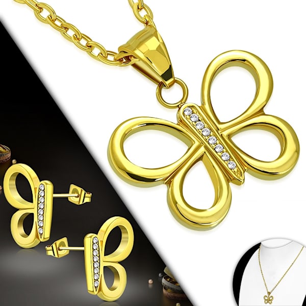 Smyckesset i Rostfritt Stål 316L i Guld Färg - Halsband & Örhängen - Fjäril med Cubic Zircon Kristall