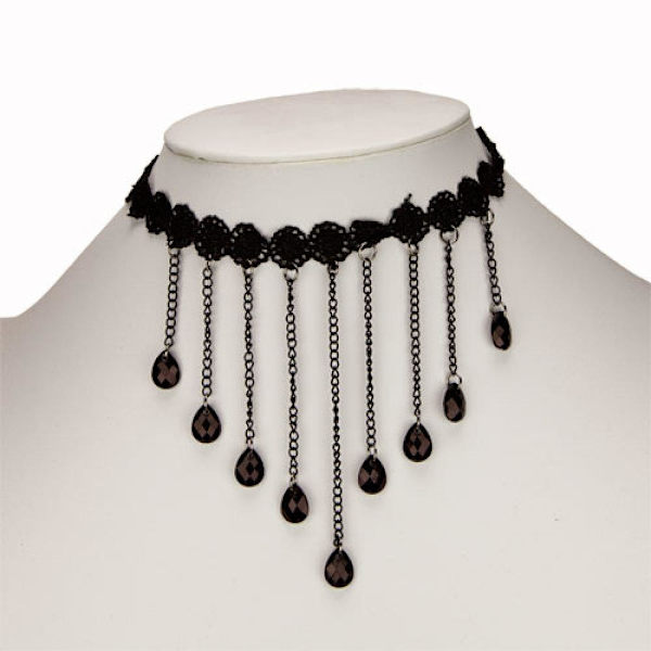 Gothic Boho Retro Choker / Halsband - Svart Spets, Kedjor & Pärlor Svart