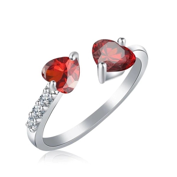 Silver Ring - Dubbla Hjärtan & Röda CZ Kristaller - Justerbar Röd one size