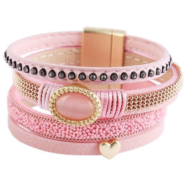 Rosa Läderarmband / Läder Armband med Guld Hjärta & Rosa Pärla Rosa