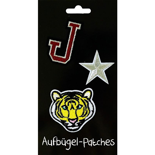 3 st Strykplåster/Tygmärke/Patches: Tiger, Stjärna & J multifärg