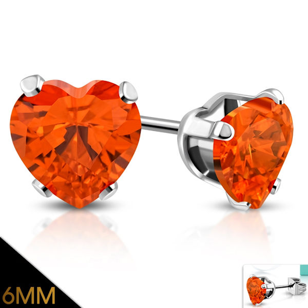 Stiftörhängen Stud Örhängen i Kirurgiskt Stål 316L i Silver Färg - Hjärta / Hjärtformad Orange Cubic Zircon - 6 mm Silver