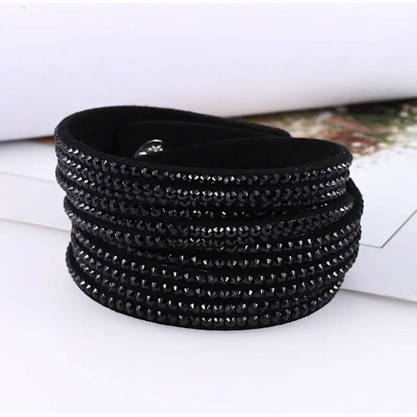 Wrap Läderarmband/Läder Armband med Strass / Rhinestones - Svart Svart