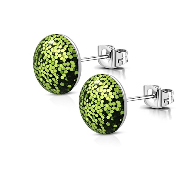 Stiftörhängen Stud Örhängen i Kirurgiskt Stål 316L i Silver Färg - Cirkel med Olivgrönt Glitter - 8 mm Silver