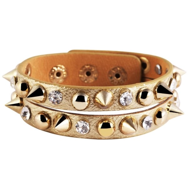 Guld Läderarmband / Läder Armband med Nitar & Vita Rhinestones Guld