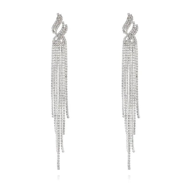 Strass Silver Örhängen med Kedjor - Glittrande Vita Rhinestones Silver