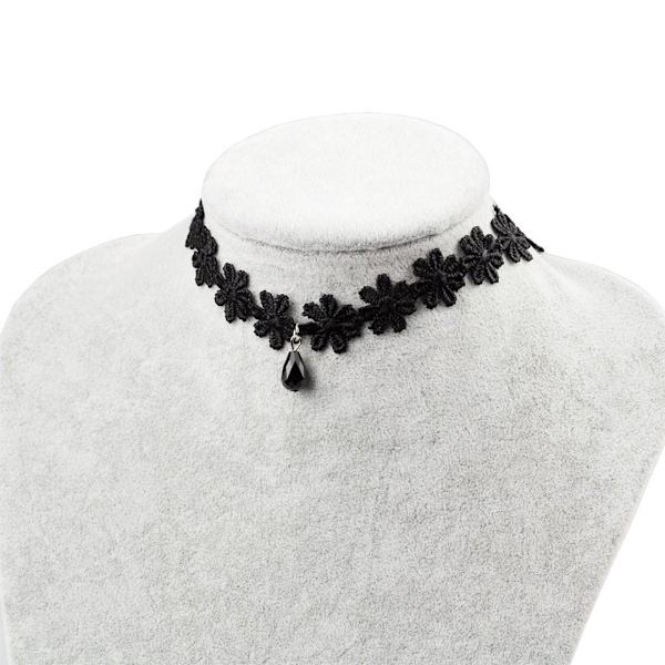 Retro Gothic Svart Choker / Halsband - en rad Blommor & Droppe Svart