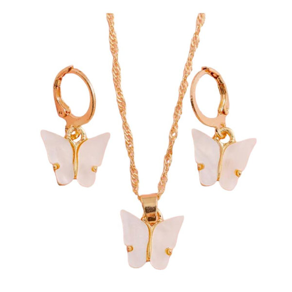 Guld Smyckesset - Halsband & Örhängen - Fjäril & Vit Pärlemor Guld