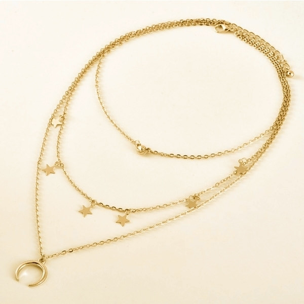 Guld Choker/Halsband - 3 Kedjor, Rhinestone, Stjärna & Halvmåne Guld