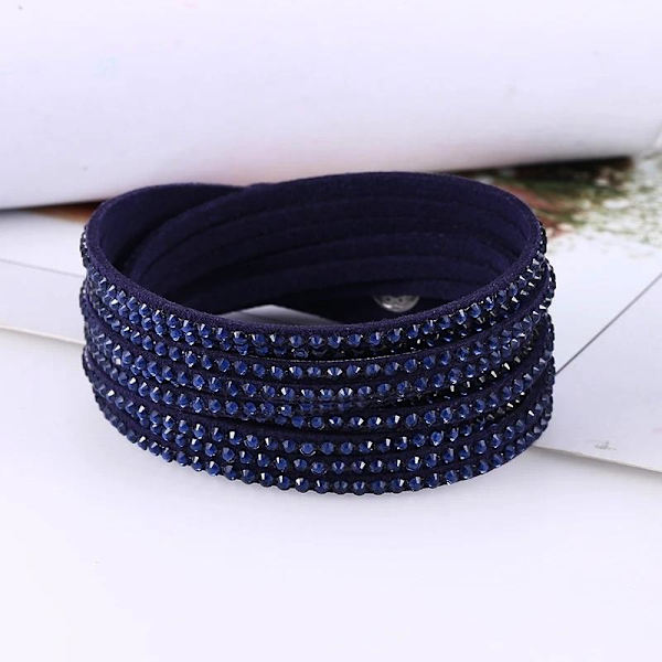 Wrap Läderarmband/Läder Armband med Strass/Rhinestones -Mörk Blå Mörkblå