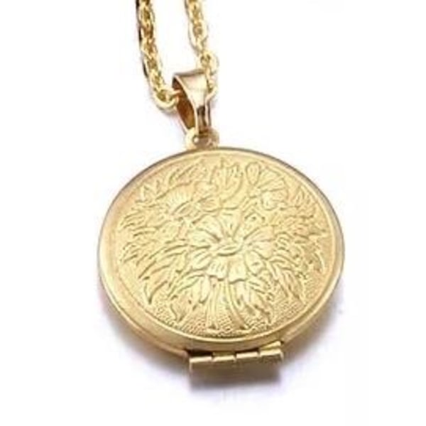 Guld Halsband med Öppningsbar Rund Medaljong i Blommigt Mönster Guld