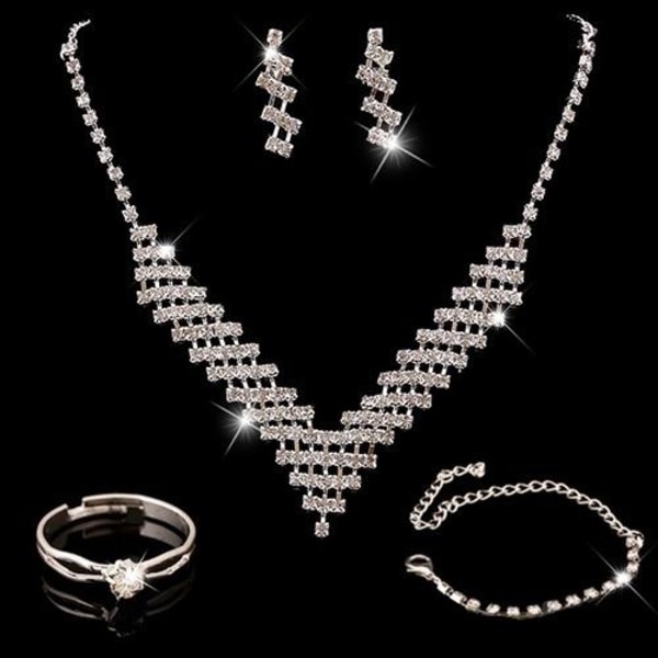 Strass Smyckesset i 4 delar - Halsband, Örhängen, Armband & Ring Silver