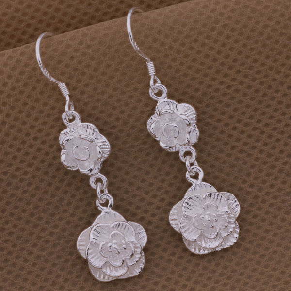 Långa Silver Örhängen med Blomma / Ros - Lyxig Design Silver