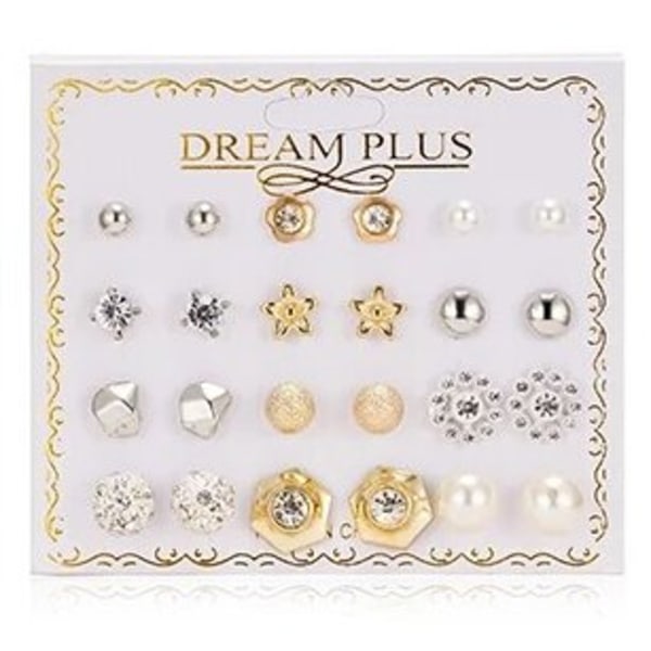 12 par Stud Örhängen - Guld & Silver - Rhinestones & Pärlor Silver