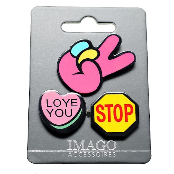 3 st Pins / Brosch / Knapp - Stop, Love You & Peace multifärg