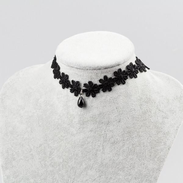 Retro Gothic Svart Choker / Halsband - en rad Blommor & Droppe Svart