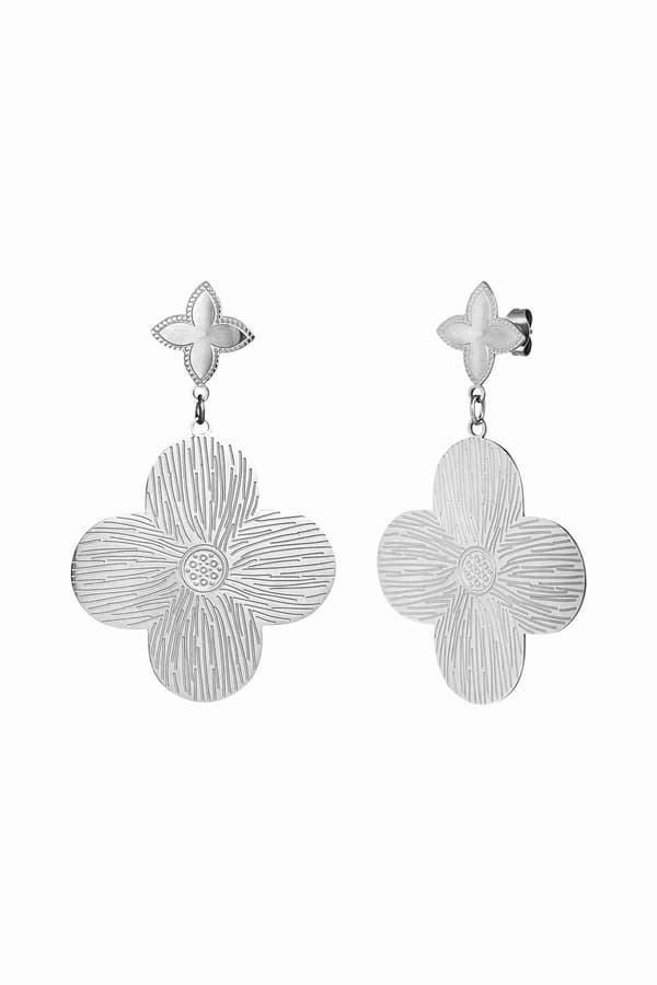 Statement Örhängen i Rostfritt Stål - Clover Class - Blanka & Mönstrade Blommor - Silver Silver