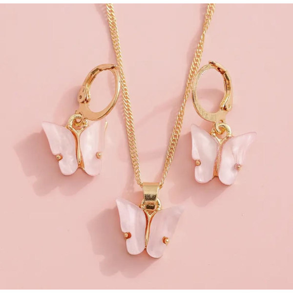Guld Smyckesset - Halsband & Örhängen - Fjäril & Rosa Pärlemor Guld