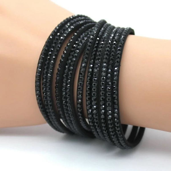 Wrap Läderarmband/Läder Armband med Strass / Rhinestones - Svart Svart