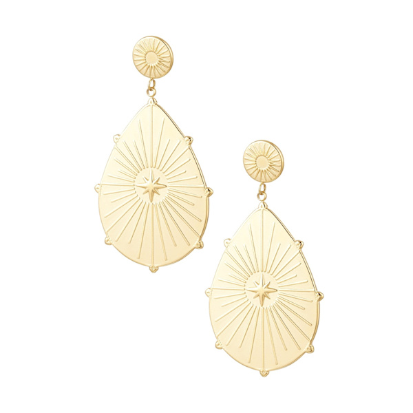 Boho Statement Örhängen i Rostfritt Stål med Ovala Berlocker med Fint Mönster & Stjärnor - Guld Guld