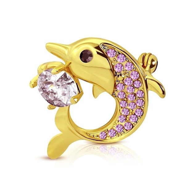 Brosch Delfin med rosa & vit Cubic Zircon i Guld Färg
