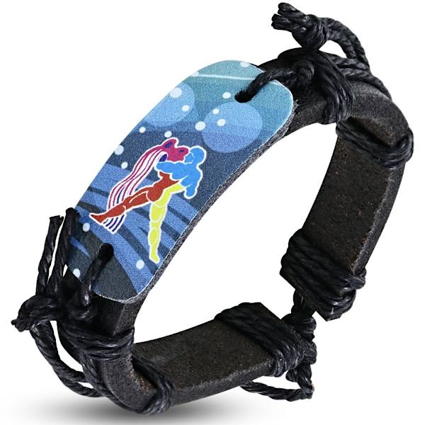 Svart Läderarmband / Läder Armband med Stjärntecken - Vattumannen / Aquarius Svart