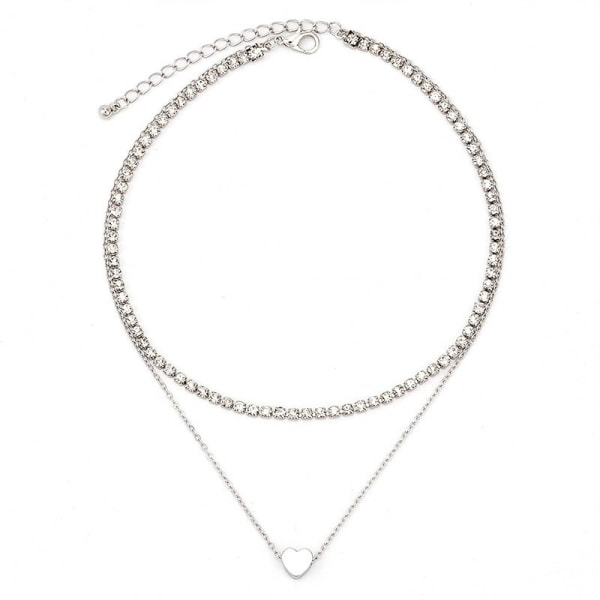 Silver Choker Halsband - 2 Kedjor med Strass & ett Enkelt Hjärta Silver