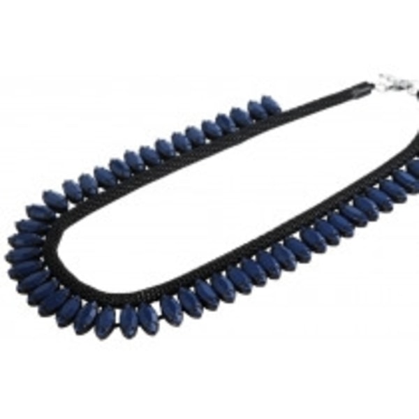 Boho Retro Statement Svart Halsband med Ovala Blå Pärlor Svart