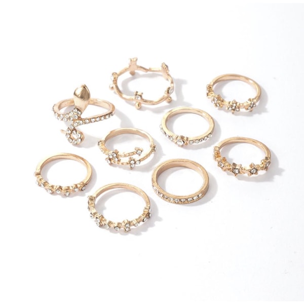 9-pack Boho Guld Ringar - Orm, Rhinestones, Stjärnor & Mönster Guld