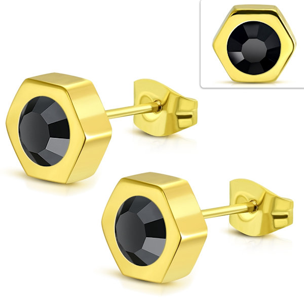 Stiftörhängen Stud Örhängen i Kirurgiskt Stål 316L i Guld Färg - Sexhörning / Hexagon med Svart Cubic Zircon