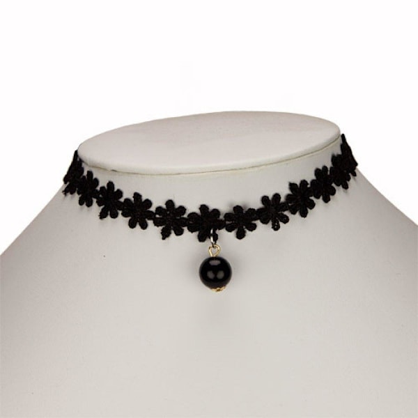 Boho Retro Gothic Svart Choker / Halsband - en rad Blommor & Pärla Svart