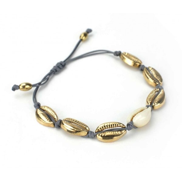 Fotsmycke Fotlänk Vristlänk Fotkedja samt Armband - Snäckor i Guld & Vitt med Grå Tråd Guld
