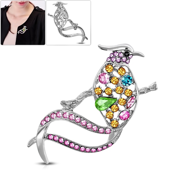 Brosch Papegoja med Flerfärgade Cubic Zircon i Silver Färg