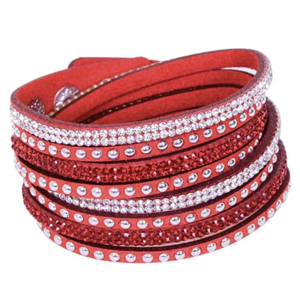 Wrap Läderarmband/Läder Armband med Strass / Rhinestones - Röd Röd