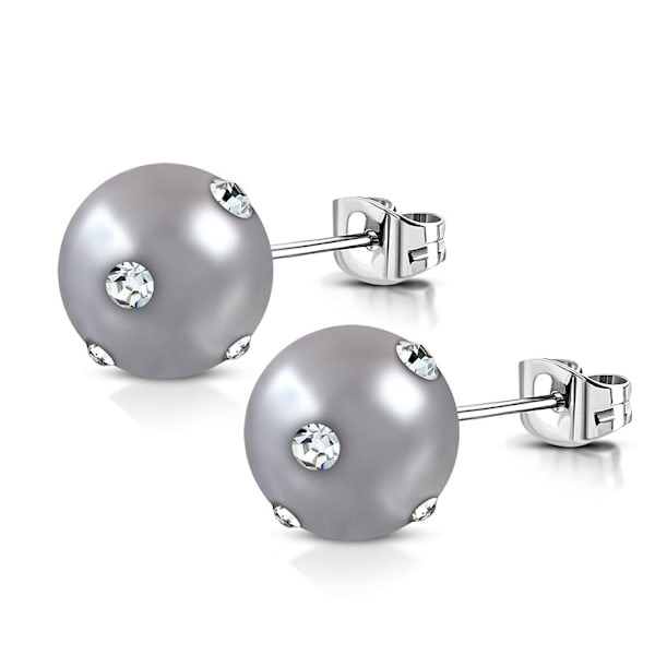 Stiftörhängen Stud Örhängen i Kirurgiskt Stål 316L i Silver Färg med Grå Pärla & Klara Cubic Zirconia - 8 mm