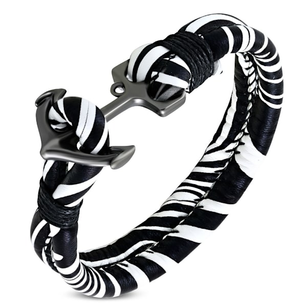 Armband Svart/vit Rep/PU läder med ankare i mörk silver färg